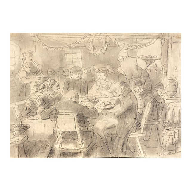 Antique European Tavern Scene Drawing For Sale
