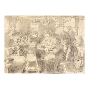 Antique European Tavern Scene Drawing