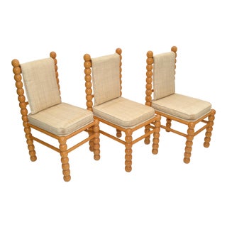 Vintage Set of 3 Turned Birch Wood & Fabric Upholstery Dining Chair Mid-Century Modern For Sale