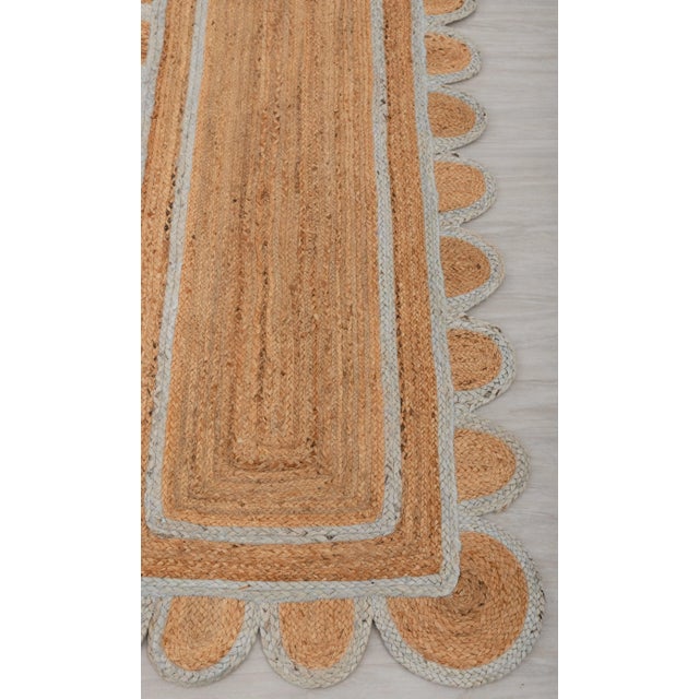 Light Blue Jute Scallop Handmade Bohemian Runner Rug 3x10Ft. For Sale - Image 10 of 12