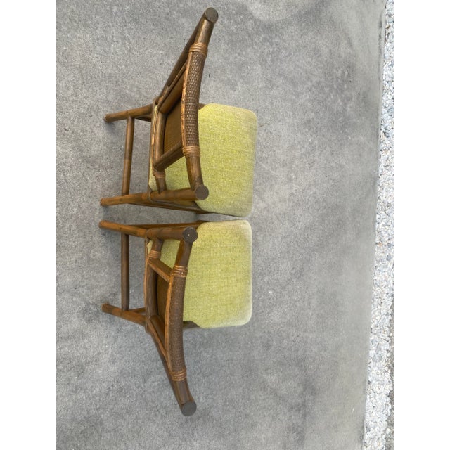 Vintage Mid Century Boho Chic Rattan Chairs With Green Fabric Seats Set of 2 For Sale - Image 9 of 11