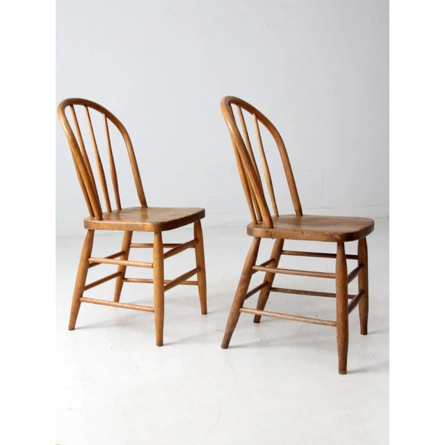 Wood Pair Antique Farmhouse Windsor Dining Chairs For Sale - Image 7 of 9
