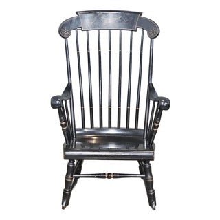 Late 20th Century Share Black Hitchcock Style Windsor Arm Rocking Chair Harvest Stencil Gold Accents For Sale