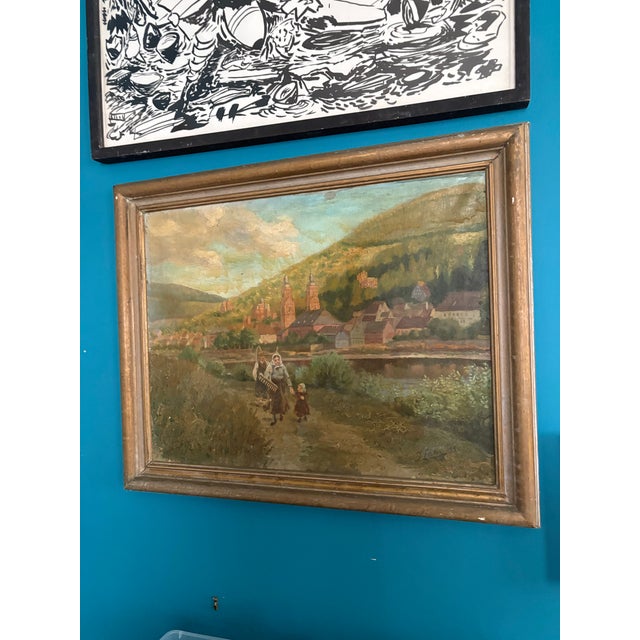 Rustic European Landscape Oil Painting on Canvas- Gold Wood Frame For Sale - Image 3 of 4