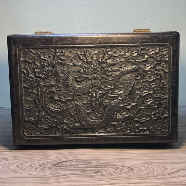 Chinese Carved Blood Sandalwood "Dragon Chasing Pearl" Jewelry Box / Keepsake Chest For Sale - Image 3 of 9
