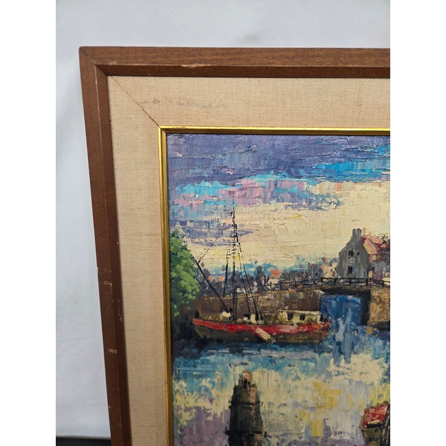 This vintage impasto oil painting attributed to John Frederick Helm Jr. presents a vibrant European harbor scene with...