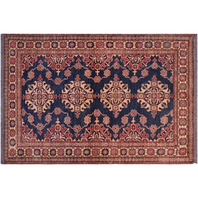 Blue Southwestern Super Kazak Blue/Tan Wool Rug - 4'8'' X 6'1'' For Sale - Image 8 of 10