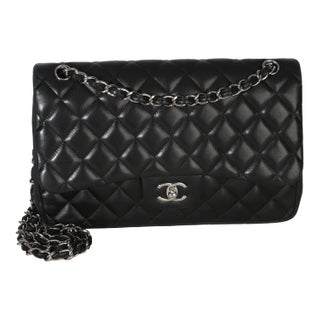 Black Quilted Lambskin Jumbo Double Flap Bag For Sale