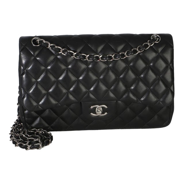 Black Quilted Lambskin Jumbo Double Flap Bag For Sale