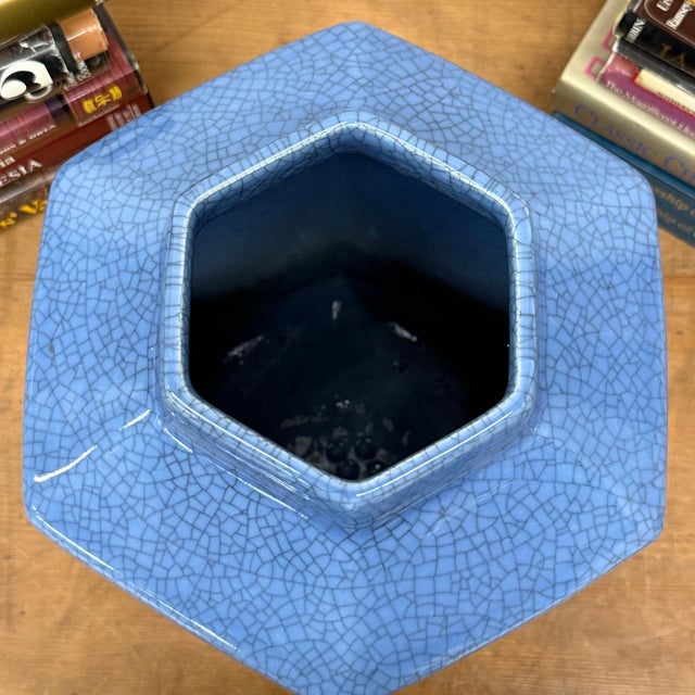 Ceramic Blue Green Crackle Glaze Hexagonal Lidded Jar For Sale - Image 7 of 9