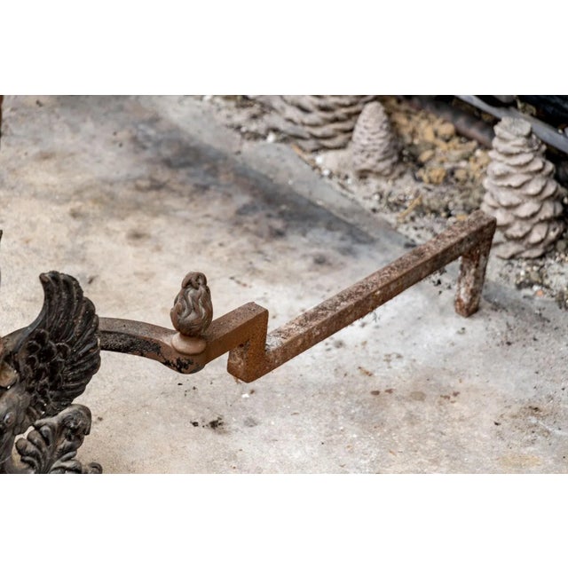 Traditional Antique 19th-Century Wrought Iron Griffin Andirons With Torch Finials For Sale - Image 3 of 7