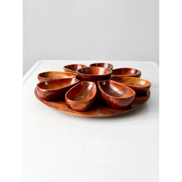Boho Chic Vintage Carved Wooden Serving Set - Set of 10 For Sale - Image 3 of 10