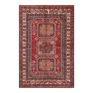Shabby Chic Tribal Super Kazak Red/Beige Wool Rug - 4'9'' X 6'5'' For Sale