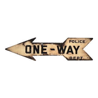 C. 1940's Nyc Metal Arrow Form One-Way Street Sign With Black Lettering on White. "Police Dept." For Sale