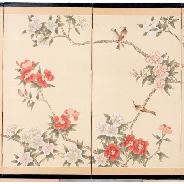 1980s 1980s Japanese Byobu Featuring Birds in Blossoming Trees 4-Panel Folding Screen For Sale - Image 5 of 13