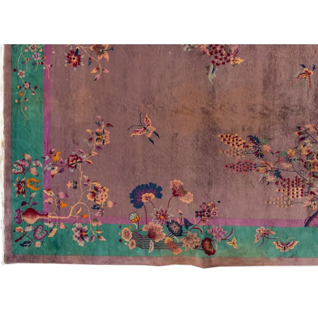 Antique Chinese Art Deco Rug - Plum & Jade Green Floral Wool 9x12 For Sale - Image 11 of 12