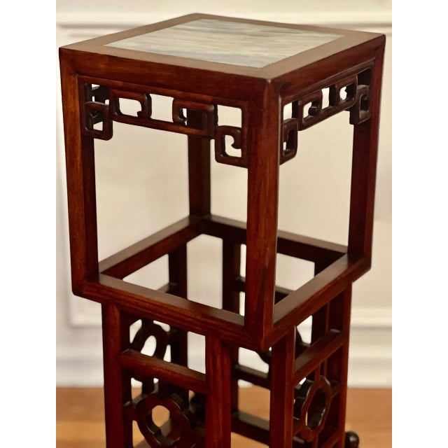 20th Century Chinese Square Carved Rosewood Pedestal Stand With Marble Top For Sale - Image 9 of 12
