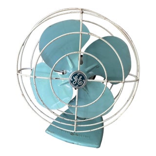 Vintage General Electric 1950s Aqua Blue Metal Oscillating Desk Fan - 10" Blades 14" Tall For Sale