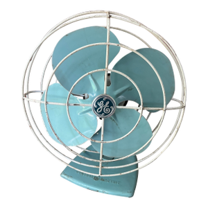 Vintage General Electric 1950s Aqua Blue Metal Oscillating Desk Fan - 10" Blades 14" Tall
