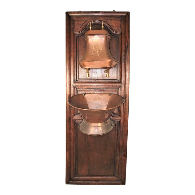 Antique French Hammered Copper & Lavabo Wall Hanging Fountain & Basin Mounted on Door For Sale
