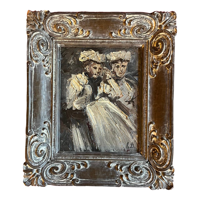Antique 19th Century Continental Impressionist Oil Painting Portrait of Two Women in White Dresses For Sale