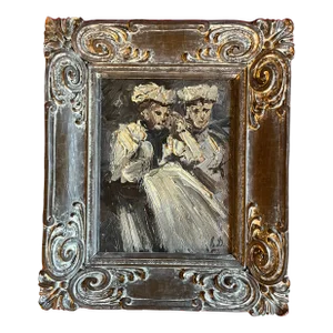 Antique 19th Century Continental Impressionist Oil Painting Portrait of Two Women in White Dresses