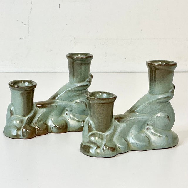 1950s Vintage Boho Chic Americana Arts & Crafts Frankoma Pottery Double Arm Candlestick Holders - A Pair For Sale - Image 9 of 18
