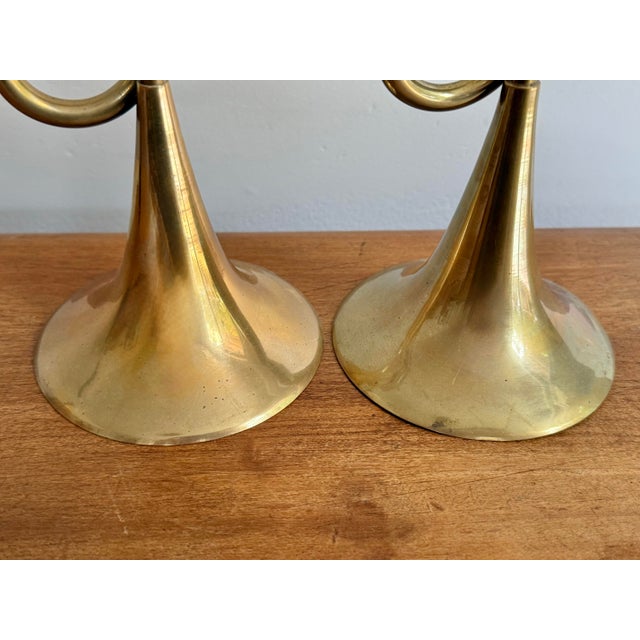 Late 20th Century Brass Trumpet Candlestick Holder Pair For Sale - Image 5 of 7