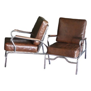 1940s Art Deco Style Pair of Chromecraft Brown Chairs For Sale