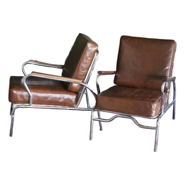 1940s Art Deco Style Pair of Chromecraft Brown Chairs For Sale