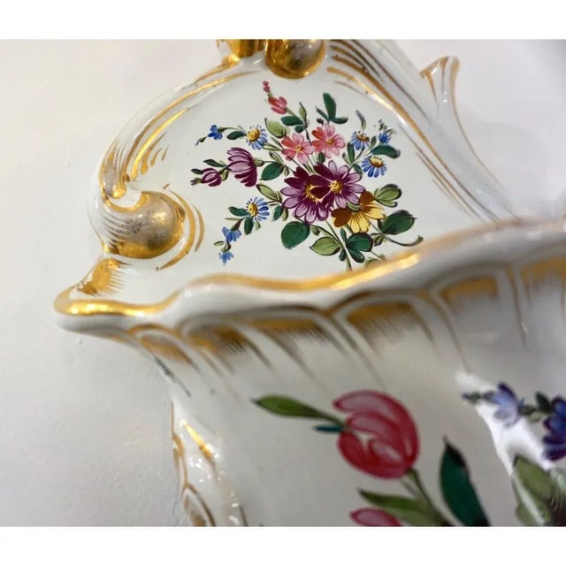 Ceramic 1870s Antique French Faience Pottery White Pink Gold Flower Holder Wall Pocket For Sale - Image 7 of 12