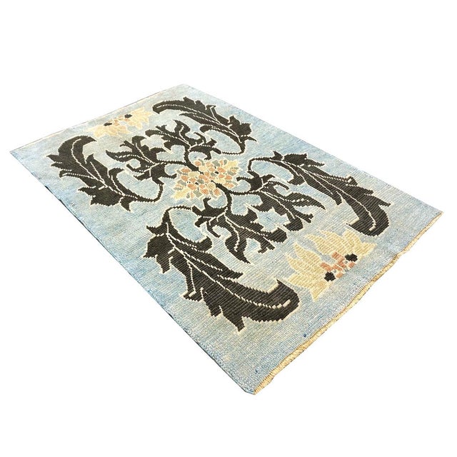 Art Deco 21st Century Turkish Donegal Oushak 4x6 Light Blue & Black Handmade Area Rug #1141501 For Sale - Image 3 of 6