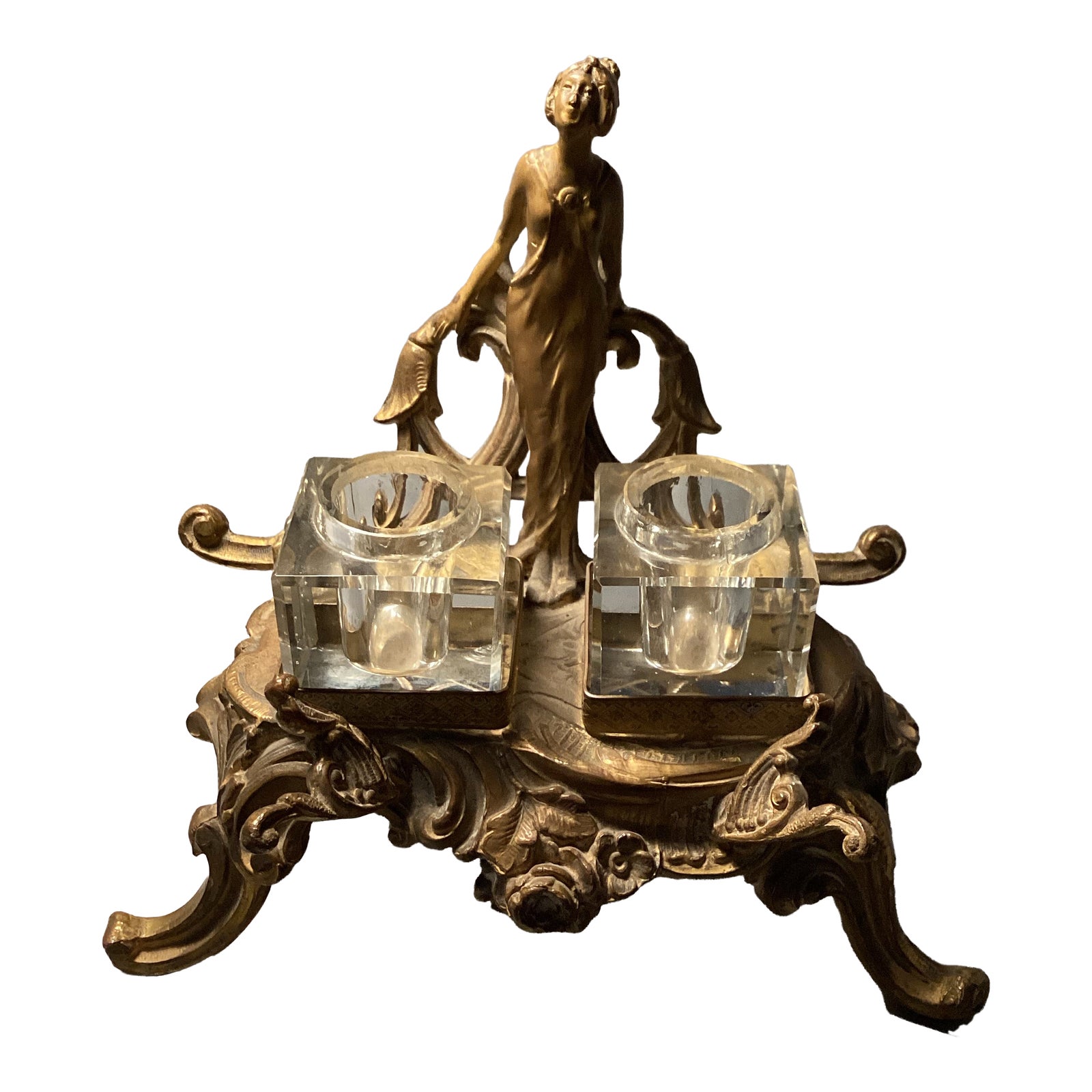 1920s Art Nouveau Double Ink Well Stand With 2 Glass Inserts | Chairish