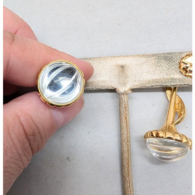 Gold Vintage 1990s Signed Trifari Tm Goldtone Clear Melon Rhinestone Drop Pierced Earrings-2 Pieces For Sale - Image 8 of 10