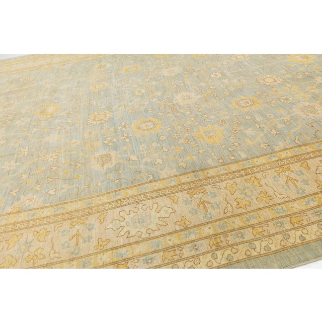 Textile 15x23 Modern Transitional Oushak Style Light Blue & Goldenrod Hand-Knotted Wool For Sale - Image 7 of 10