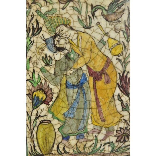 Antique Persian Iznik Qajar Style Ceramic Pottery Tile Green Man Lady Embrace C2 For Sale - Image 4 of 10