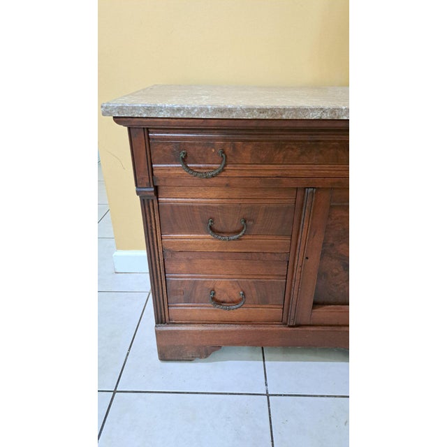 Antique Eastlake Victorian Burl Walnut Taupe Marble Top Washstand C1890s For Sale - Image 11 of 12