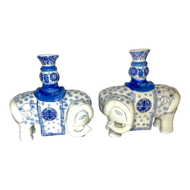 Vintage Blue Canton Chinoiserie Elephant Candlesticks - a Pair For Sale
