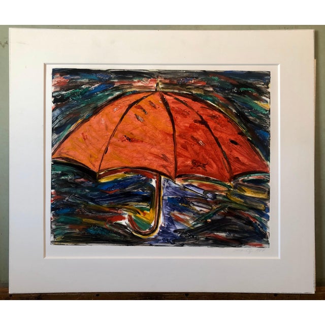 Helen Oji, Umbrella, Monotype with Hand Painting, Glitter, Asian American Art, Woman Artist, 1987 For Sale - Image 4 of 12