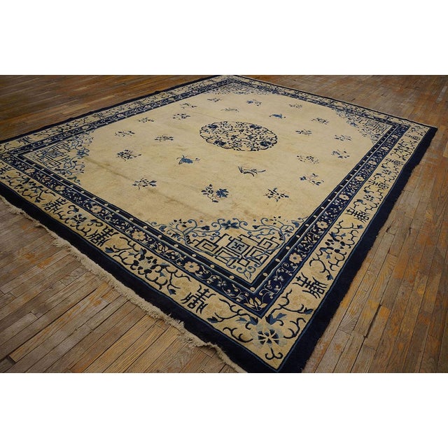 Textile 1920s Beige Cream Polka Dot Medallion Antique Chinese Peking Knotted Wool Rug For Sale - Image 7 of 10