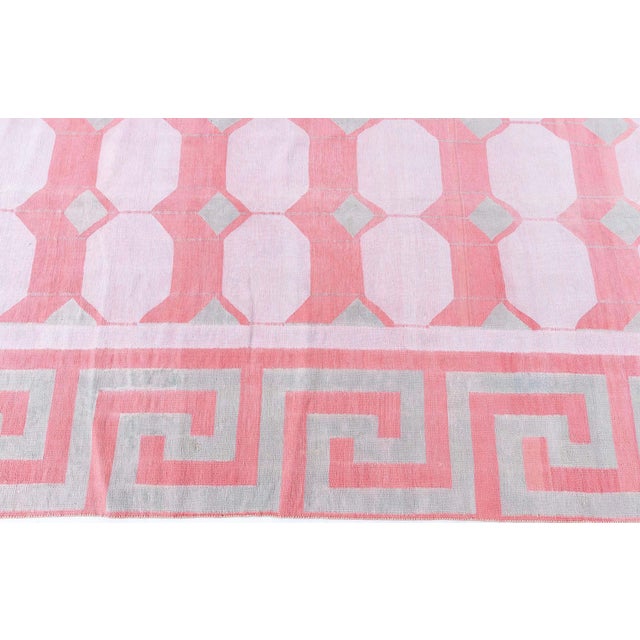 Doris Leslie Blau Mid-Century Indian Dhurrie Pink Flatweave Cotton Rug Greek Key For Sale In New York - Image 6 of 8