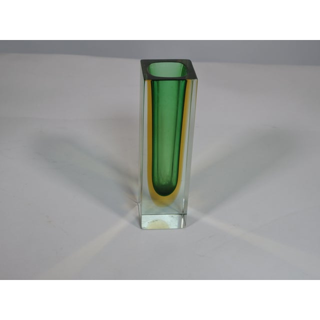 Sculptural Murano glass vase in Sommerso technique by Flavio Poli from the 1970s. Solid glass block with a faceted square...