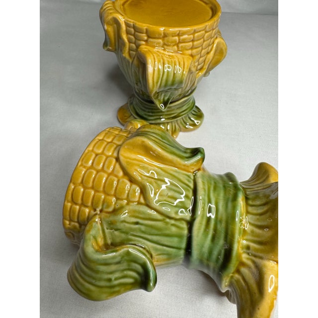 Ceramic Traditional Fall Harvest Corn Husk Candleholders in the Style of Majolica, a Pair For Sale - Image 7 of 9