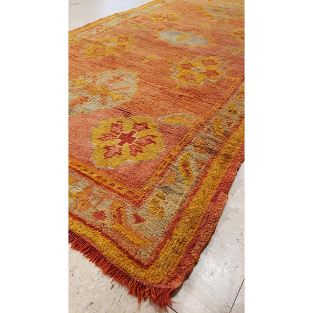 Late 19th Century Antique Oushak Runner, Turkish Oriental Rug, Handmade Peach, Yellow, Light Blue For Sale - Image 5 of 10