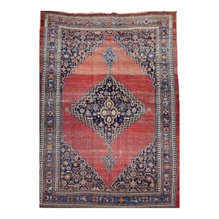 19th Century Persian Bidjar Rug, Geometric Pattern, Handwoven Wool, Red & French Blue, 8’ X 12’ For Sale
