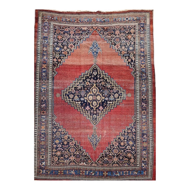 19th Century Persian Bidjar Rug, Geometric Pattern, Handwoven Wool, Red & French Blue, 8’ X 12’ For Sale
