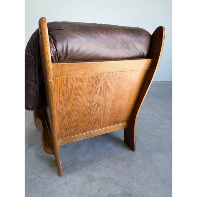 1970s Brutalist Oak and Brown Leather Lounge Chair For Sale In Tampa - Image 6 of 10