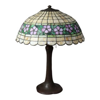 Antique Handel Bronze Table Lamp With Unique Floral Leaded Glass Shade C1930 For Sale