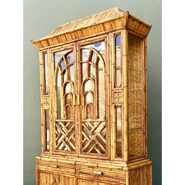 Vintage Chinoiserie Pagoda Rattan China Cabinet For Sale - Image 10 of 12