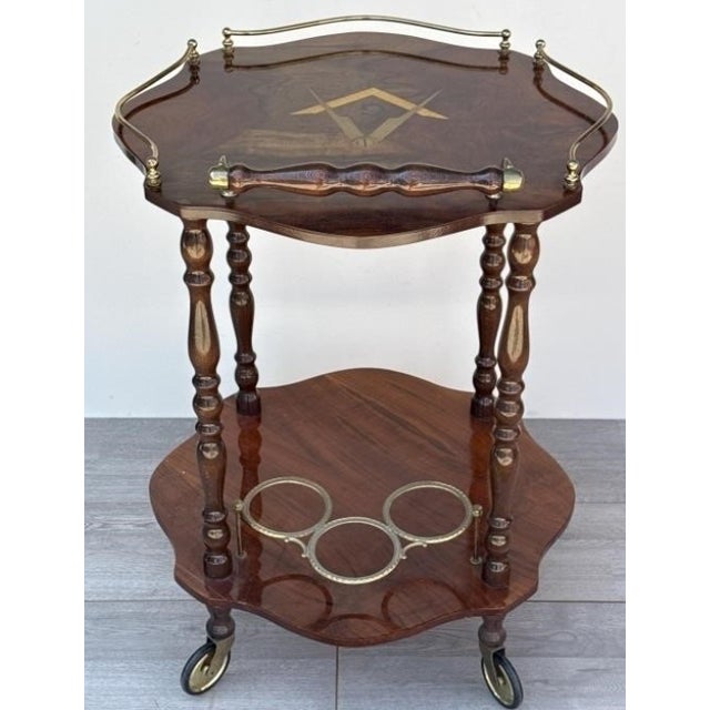 Wood Mid-Century Italian Hollywood Regency Italian Marquetry Masonic Bar Cart With Brass Gallery For Sale - Image 7 of 8